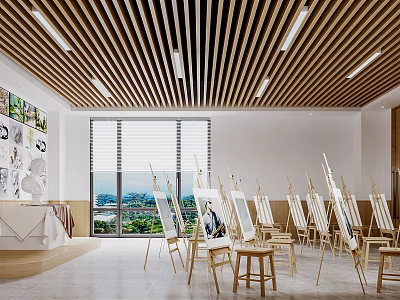 Bright Art Book Studio With Wooden Ceiling Easels And Artworks By Windows 3d model