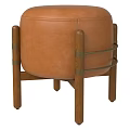 Stylish Brown Leather Ottoman With Wooden Legs And Metal Straps