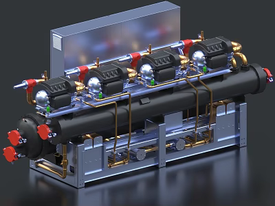 Industrial Equipment With Multiple Black Units Red Valves And Gold Pipes On Gray Frame 3d model
