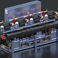 Industrial Equipment With Multiple Black Units Red Valves And Gold Pipes On Gray Frame