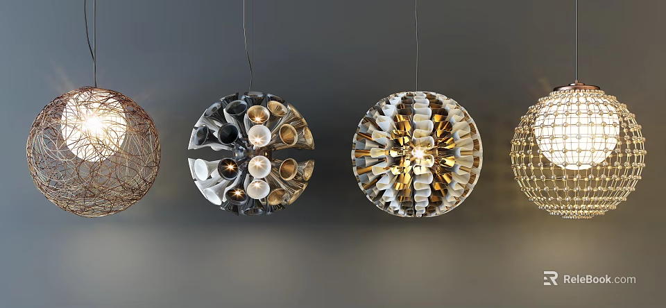 Stylish Modern Chandeliers With Intricate Metallic Design Spherical Shape And Decorative Lighting 3d model 