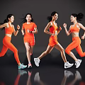 Four Women Running in Bright Orange Sportswear Against Dark Background