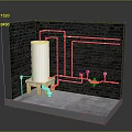 Industrial Plumbing System With Brick Wall Silver Tank Yellow Valves Concrete Floor Wooden Platform
