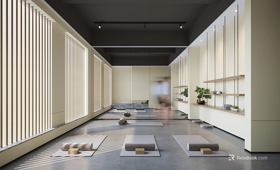 Well lit Yoga Studio Featuring Multiple Yoga Mats Blocks Wooden Blinds Wall Shelves And Plants 3d model 