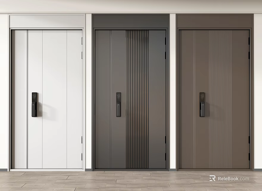 Modern Minimalist Security Doors With White Dark Gray Brown Vertical Stripes And Black Handles 3d model 