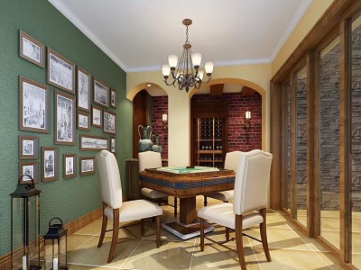 Hotel Mahjong Room With Green Walls Framed Pictures Chandelier Mahjong Table And White Chairs 3d model