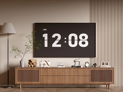 Brown Wooden TV Stand With Decorative Items And Floor Lamp Near Vertical Slat Panel 3d model
