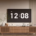 Brown Wooden TV Stand With Decorative Items And Floor Lamp Near Vertical Slat Panel