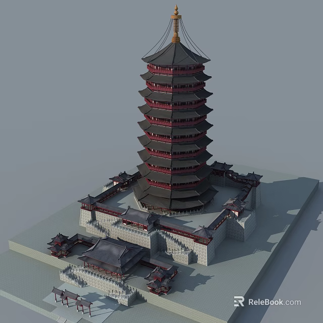 Traditional Chinese Pagoda Featuring Multiple Tiered Design Black Red Roof And Stone Base 3d model 