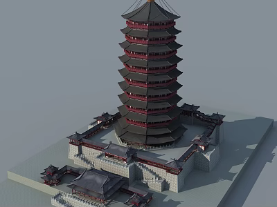 Traditional Chinese Pagoda Featuring Multiple Tiered Design Black Red Roof And Stone Base 3d model