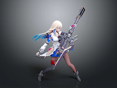 White Haired Mythical Female Character With Mechanical Weapon And Blue Accents 3d model