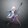 White Haired Mythical Female Character With Mechanical Weapon And Blue Accents