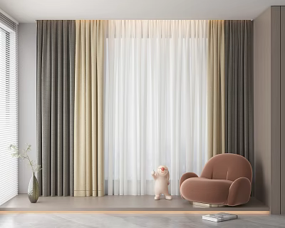 Elegant Modern Curtain Panels in Gray Beige with White Sheer and Brown Armchair Small Decor 3d model
