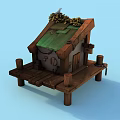 Cartoon Scene of Wooden House on Wooden Platform with Green Plant Decorations and Lifebuoy