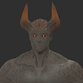 Game Movie Character With Orange Horns Glowing Eyes And Textured Gray Skin