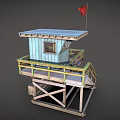 Wooden Watchtower With Red Flag Open Platform Wooden Staircase And Yellow Railing