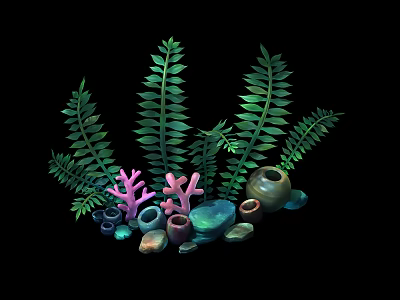 Green Ferns and Pink Coral Like Plants with Colorful Stones and Decorative Vases 3d model