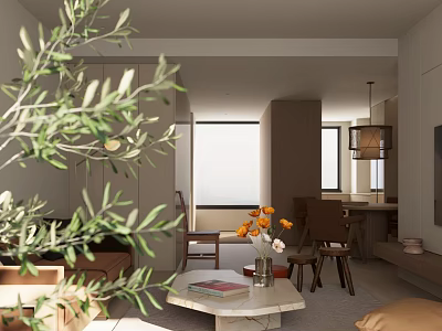 Modern Cozy Open Plan Living And Dining Room Interior With Natural Soft Home Decor 3d model