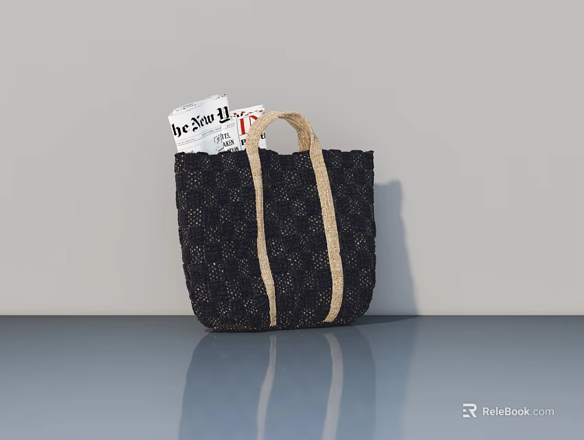 Stylish Black Patterned Tote Bag With Magazine Inside On Gray Background 3d model 