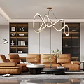 Modern Living Dining Room Interior With Dining Table Chairs Hanging Linear Light And Cabinets
