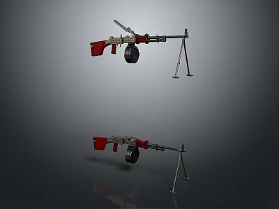 Twin Machine Gun Weapon With Tripod Stand Red Silver Components And Drum Magazine 3d model