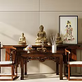 Classic Wooden Buddhist Shrine Cabinet With Buddha Statues And Decorative Items In Serene Room