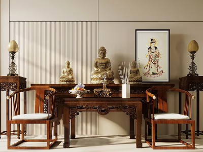 Classic Wooden Buddhist Shrine Cabinet With Buddha Statues And Decorative Items In Serene Room 3d model