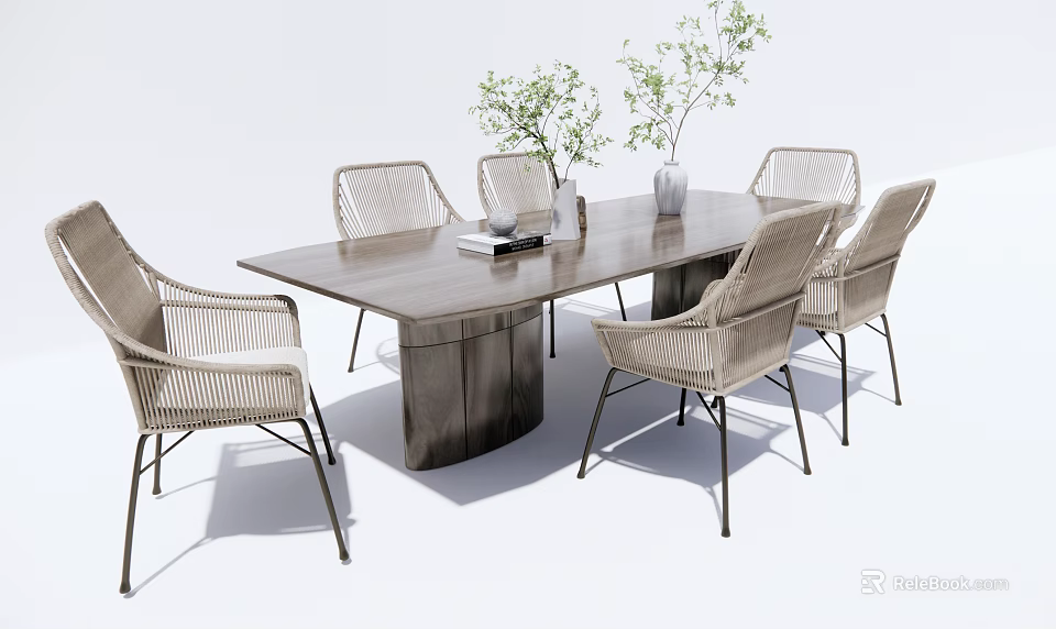 Modern Wooden Long Table with Rattan Chairs and Green Plants Centerpiece 3d model 
