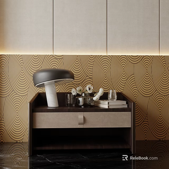 Modern Bedside Table With Stylish Lamp White Flowers Glasses Books And Wave Pattern Wall 3d model