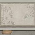 Light Colored Square Rug With Bamboo Branch Pattern And Decorative Border With Woven Round Cushion