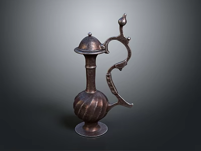 Antique Bronze Wine Bottle With Curved Handle Decorative Lid And Base Design 3d model