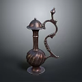 Antique Bronze Wine Bottle With Curved Handle Decorative Lid And Base Design