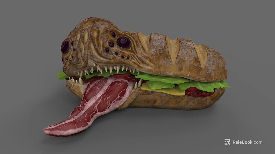 Creative Monster Shaped Sandwich With Bacon Lettuce Cheese And Unique Design 3d model