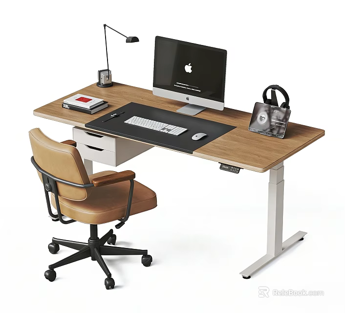 Modern Adjustable Office Desk With Computer Monitor Keyboard Mouse Desk Lamp Book Handbag And Office Chair 3d model 