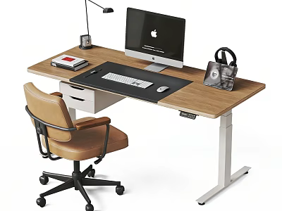 Modern Adjustable Office Desk With Computer Monitor Keyboard Mouse Desk Lamp Book Handbag And Office Chair 3d model