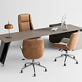 Modern Office Desk With Wooden Top Metal Legs Table Lamp Computer Monitor And Two Chairs