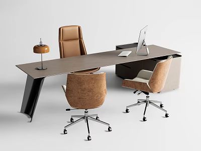 Modern Office Desk With Wooden Top Metal Legs Table Lamp Computer Monitor And Two Chairs 3d model