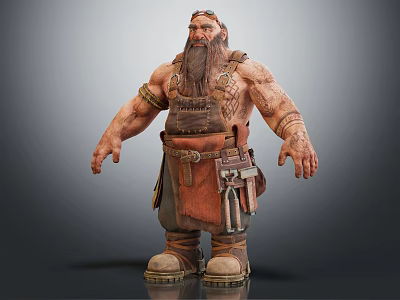 Muscular Bearded Warrior Character With Leather Outfit And Tool Belt 3d model