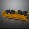 Modern Orange Sofa With Four Black Cushions And Small Square Gray Ottoman