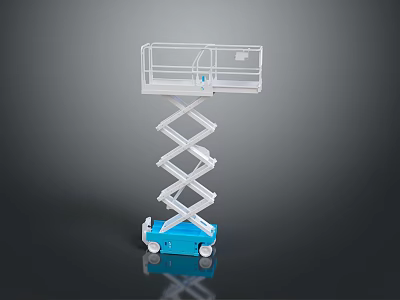 Blue Mobile Scissor Lift Equipment With White Guardrails And Wheels 3d model