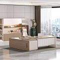 Modern Office Desk With White Chair Glass Bookcase Decorations Plant Sculpture And City View