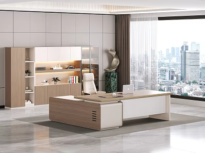 Modern Office Desk With White Chair Glass Bookcase Decorations Plant Sculpture And City View 3d model