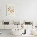 Modern Beige Sofa Coffee Table Combination With Abstract Painting Green Plant And Striped Rug