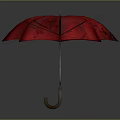 Stylish Red Umbrella Featuring White Scenic Landscape Patterns On Surface And Wooden Handle