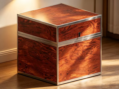 Square Wooden Box With Natural Wood Grain And Elegant Metal Trim Design 3d model
