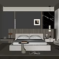 Modern Bedroom Interior With Dark Walls Decorative Painting Nightstands Table Lamps And Gray Chair