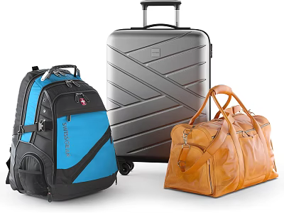 Blue Backpack Silver Wheeled Suitcase And Brown Leather Duffel Travel Bags 3d model