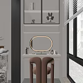 Modern White Dressing Table Interior With Oval Mirror Beige Chairs And Glass Shelf Decorations