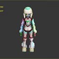 3D Humanoid Robot Character With Blue White Body Green Eyes On Reflective Surface
