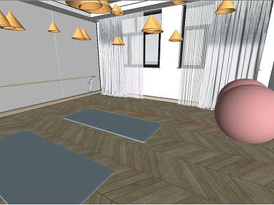 Fitness Room With Yoga Mats Fitness Ball Pendant Lights And Wooden Floor 3d model